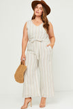 HN4537W Ivory Plus Multi Stripe V Neck Sleeveless Belted Jumpsuit Back