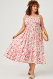 HN4556 Pink Womens Floral Back Smocked Tiered Tank Dress Back