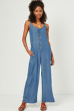 HN4577W Light Denim Plus Smock Detail Buttoned Wide Leg Tencel Jumpsuit Full Body