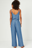 HN4577W Light Denim Plus Smock Detail Buttoned Wide Leg Tencel Jumpsuit Side