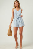 HN4581 Blue Womens Bandana Print Belted Button Detail Romper Back