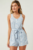 HN4581W Blue Plus Bandana Print Belted Button Detail Romper Front