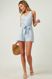 HN4581W Blue Plus Bandana Print Belted Button Detail Romper Full Body