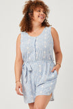 HN4581 Blue Womens Bandana Print Belted Button Detail Romper Full Body