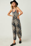 HN4605 Navy Womens Bandana Print Wide Leg Cross Back Jumpsuit Back