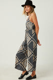 HN4605W Navy Plus Bandana Print Wide Leg Cross Back Jumpsuit Full Body