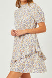 Floral Smocked Neck Asymmetric Ruffle Dress