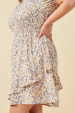 HN4730 Cream Womens Floral Smocked Neck Asymmetric Ruffle Dress Side