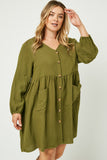 HY1230 OLIVE Button Down Pocketed Dress Side