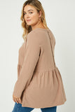 Hy1338 Taupe Womens Button Back Raglan Peplum Top Back