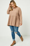 Hy1338 Taupe Womens Button Back Raglan Peplum Top Full Body