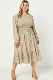 HY2075 Ivory Womens Smocked Ruffle Neck Midi Dress Full Body