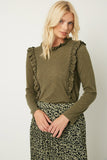 HY2081W Olive Plus Long Sleeve Textured Ruffle Top Front