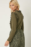 HY2081W Olive Plus Long Sleeve Textured Ruffle Top Full Body