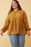 Hy2100 Mustard Womens Ruffle Neck Long Sleeve Babydoll Top Front 2