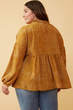 Hy2100 Mustard Womens Ruffle Neck Long Sleeve Babydoll Top Front