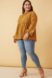 HY2100W MUSTARD Plus Ruffle Neck Long Sleeve Babydoll Top Front