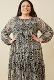 HY2248W BLACK Plus Paisley Print Long Sleeve Maxi Dress Full Body