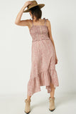 HY2485 Mauve Womens Tie Shoulder Smocked Ruffle Detail Midi Dress Full Body