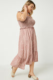 HY2485 Mauve Womens Tie Shoulder Smocked Ruffle Detail Midi Dress Back