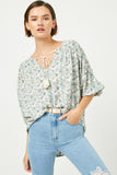 HY2504 Green Womens Floral Print Tassel Neck Top Front