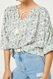 HY2504W GREEN Plus Floral balloon Sleeve Tassel Tie Top Gif