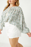 HY2504 Green Womens Floral Print Tassel Neck Top Detail