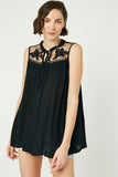 HY2555 Black Womens Sleeveless Embroidered Mesh Yoke Top Front