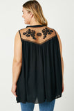 HY2555 Black Womens Sleeveless Embroidered Mesh Yoke Top Detail