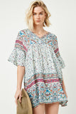 Border Print V Neck Bell Sleeve Tunic