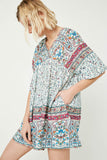 HY2602W BLUE Plus Border Print V Neck Bell Sleeve Tunic Gif