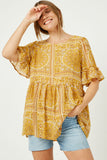 HY2629 Yellow Womens Bandana Print Ruffle Sleeve Peplum Top Front