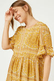 HY2629W Yellow Plus Bandana Print Ruffle Sleeve Peplum Top Front