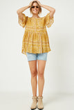 HY2629W Yellow Plus Bandana Print Ruffle Sleeve Peplum Top Full Body