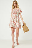 HY2633 Ivory Womens Floral Puff Sleeve Mix Smocked Mini Dress Full Body