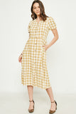 HY2724 Mustard Womens Plaid Button Up Bow Back Dress Full Body