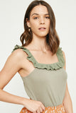 HY2942 Olive Womens Ribbed Knit Ruffle Lace Trim Tank Gif