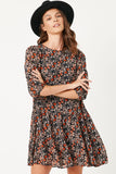 Long Sleeve Botanical Print Chiffon Dress