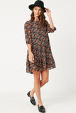 HY5056W Black Plus Drop Waist Long Sleeve Botanical Print Chiffon Dress Gif