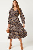 HY5069 NAVY Womens V Neck Floral Paisley Print Long Sleeve Dress Full Body