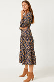 HY5069W Navy Plus V Neck Floral Paisley Print Long Sleeve Dress Gif