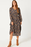 HY5069W NAVY Plus V Neck Floral Paisley Print Long Sleeve Dress Back