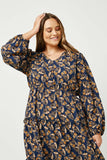 HY5069W NAVY Plus V Neck Floral Paisley Print Long Sleeve Dress Full Body