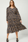 HY5069 NAVY Womens V Neck Floral Paisley Print Long Sleeve Dress Back