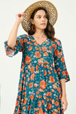 HY5091 TEAL Womens Romantic Floral Ruffle Sleeve Surplice Midi Dress FULL BODY