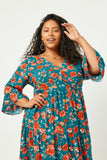 HY5091W TEAL Plus Romantic Floral Ruffle Sleeve Surplice Midi Dress Full Body