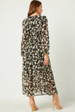 HY5103W BLACK Plus Botanical Print Chiffon Ruffled Maxi Dress Detail