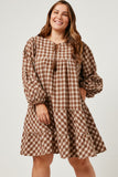 HY5191W BROWN Plus Puff Sleeve Tie Neck Gingham Dress Full Body