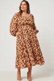 HY5204W MUSTARD Plus Smocked Square Neck Puff Sleeve Dress Full Body