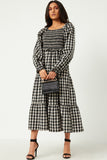 HY5253 BLACK Womens Gingham Smocked Bodice Square Neck Long Sleeve Maxi Dress Full Body